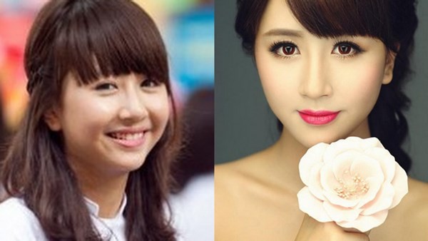 Gương mặt mộc (trái) và gương mặt đã được make up cẩn thận và qua chỉnh sửa ảnhcủa Quỳnh Anh Shyn.