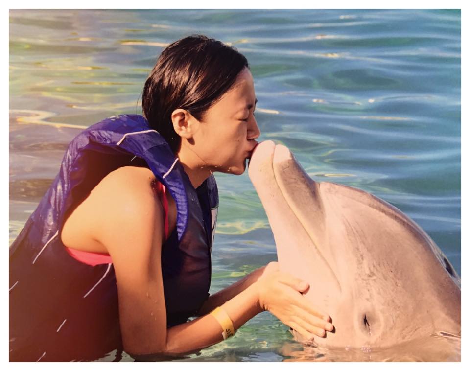 Văn Mai Hương thích thú hôn chú cá heo trong bể bơi. Hiện nữ ca sĩ 'Nếu như anh đến' đang đi lưu diễn và du lịch ở Hawaii.