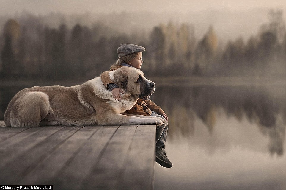 Nhiếp ảnh gia Elena Shumilova chụp cảnh cậu con trai Yaroslav ngồi bên hồ cùng chú chó của gia đình.