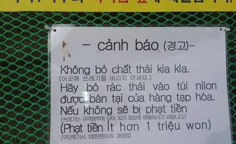 Một bức ảnh khác cảnh báo tiếng Việt về thói vứt rác bừa bãi của người Việt ở Hàn Quốc.