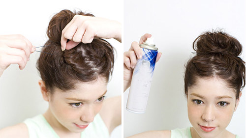 Dùng kẹp ghim cố định các lọn tóc thừa, sau đó dùng keo xịt để giữ nếp tóc.
