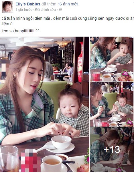 Trên trang cá nhân của mình, Elly Trần vừa đăng hình ảnh 2 mẹ con cùng mặc áo sơ mi kẻ đi ăn cơm tiệm.