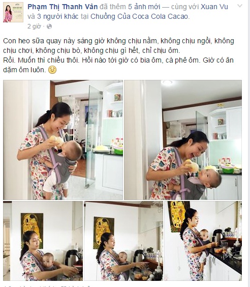 Trên trang cá nhân, Ốc Thanh Vân đăng tải hình ảnh con trai được mẹ cho ăn dặm.