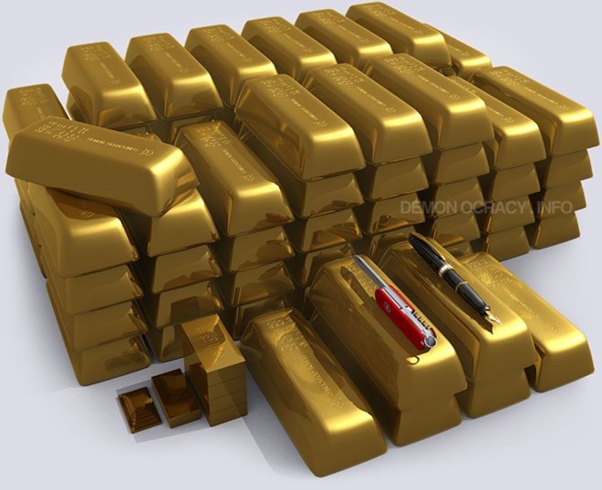 Một tấn vàng xếp cạnh nhau sẽ trông như thế này. Với 2.000/ounce, một tấn vàng sẽ có giá trị tương đương 64,3 triệu USD.