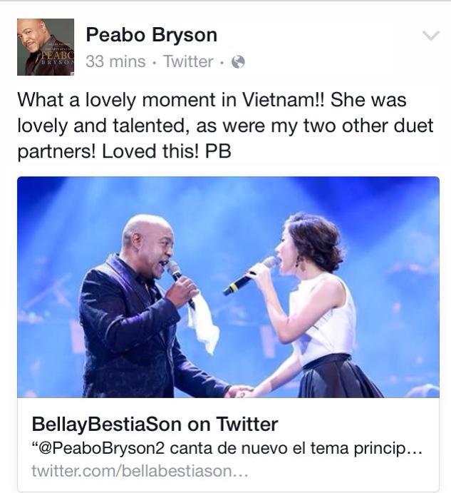 Văn Mai Hương được 'huyền thoại' âm nhạc thế giới Peabo Bryson ngợi khen trên trang cá nhân.