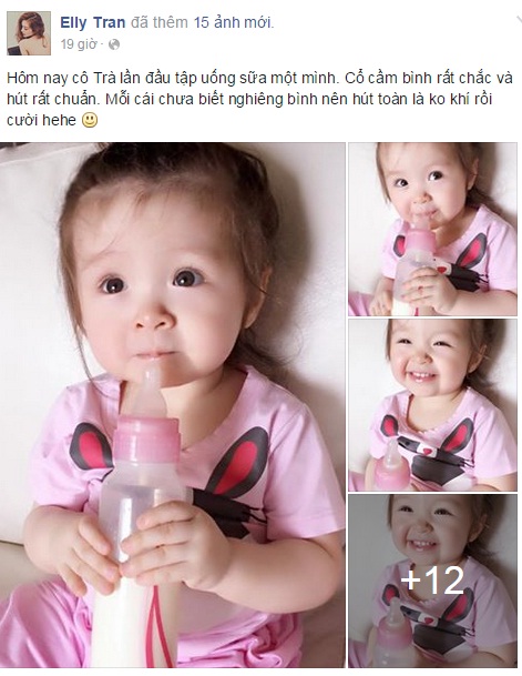 Những hình ảnh đáng yêu của Mộc Trà khi đang tập uống sữa được mẹ đăng lên trang cá nhân.