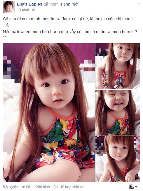 Những hình ảnh đáng yêu của con gái Elly Trần khi đội bộ tóc giả màu vàng hoe của mẹ.