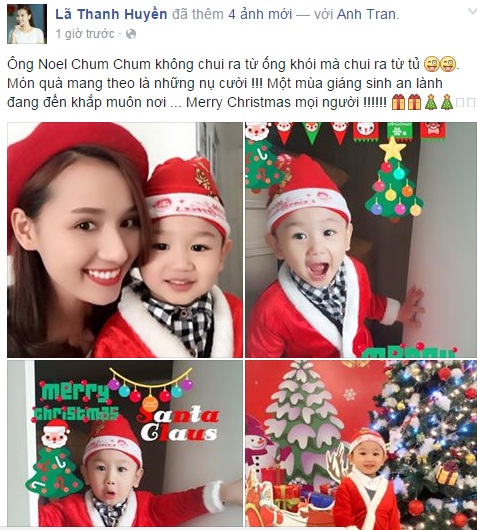 Trên trang cá nhân, Lã Thanh Huyền đã đăng tải những hình ảnh đáng yêu của hai mẹ con trong trang phục ông già Noel.