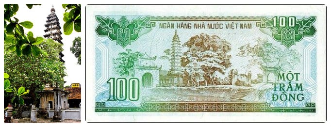 100 đồng: Trên mặt tờ tiền 100 đồng là hình chùa Phổ Minh ở thôn Tức Mặc, Nam Định. Chùa sở hữu chiếc vạc lớn – một trong An Nam tứ đại khí (4 báu vật của Việt Nam).