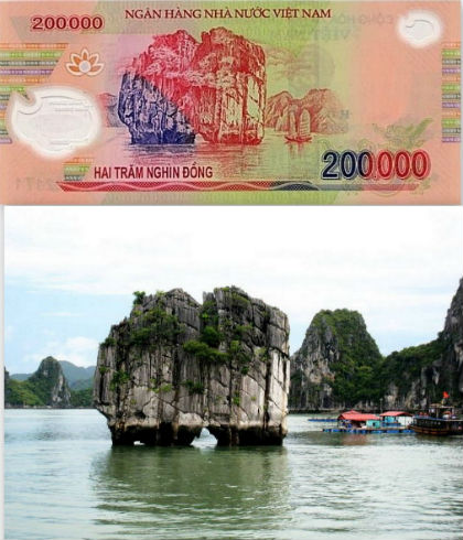 200.000 đồng: Di sản thiên nhiên thế giới vịnh Hạ Long là một điểm đến du lịch nổi tiếng, từng hai lần được xuất hiện trên bề mặt tờ tiền, tờ 10.000 đồng cũ và 200.000 đồng mới.