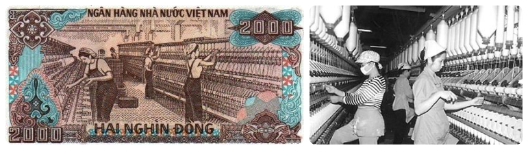 2000 đồng: In hình các cô công nhân đang làm việc tại Nhà máy dệt Nam Định. Đây từng là nhà máy dệt lớn nhất Đông Dương.