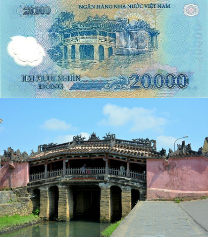 20.000 đồng: Chùa Cầu (Hội An) với vẻ đẹp kiến trúc cổ kính. Chiếc cầu dài khoảng 18 m, có mái che, vắt cong qua lạch nước chảy ra sông Thu Bồn. Đây được xem là biểu tượng giao lưu văn hóa Nhật - Hoa - Việt ở Hội An và thu hút đông đảo du khách tham quan.