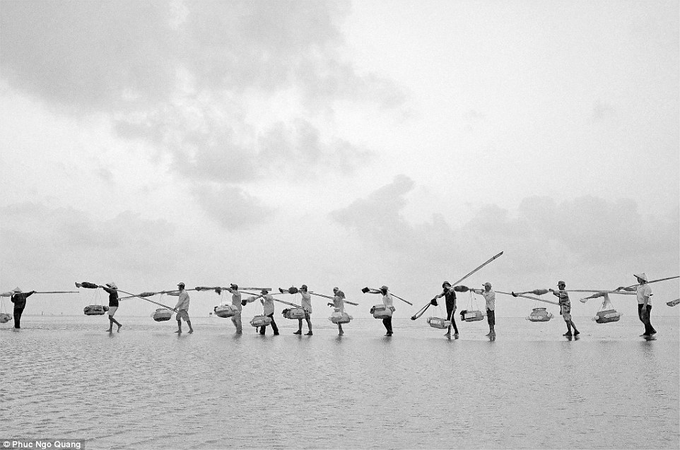 Bức ảnh mô tả hoạt động của ngư dân làng chài đang dùng những chiếc xiệp đi bắt cua ốc dạt vào bãi cát khi thủy triều lên (Ảnh Ngô Quang Phúc).