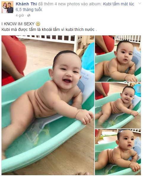 Trên trang cá nhân, Khánh Thi vừa đăng tải những hình ảnh cực đáng yêu của cậu con trai Kubi khi đang tắm khiến nhiều người thích thú.