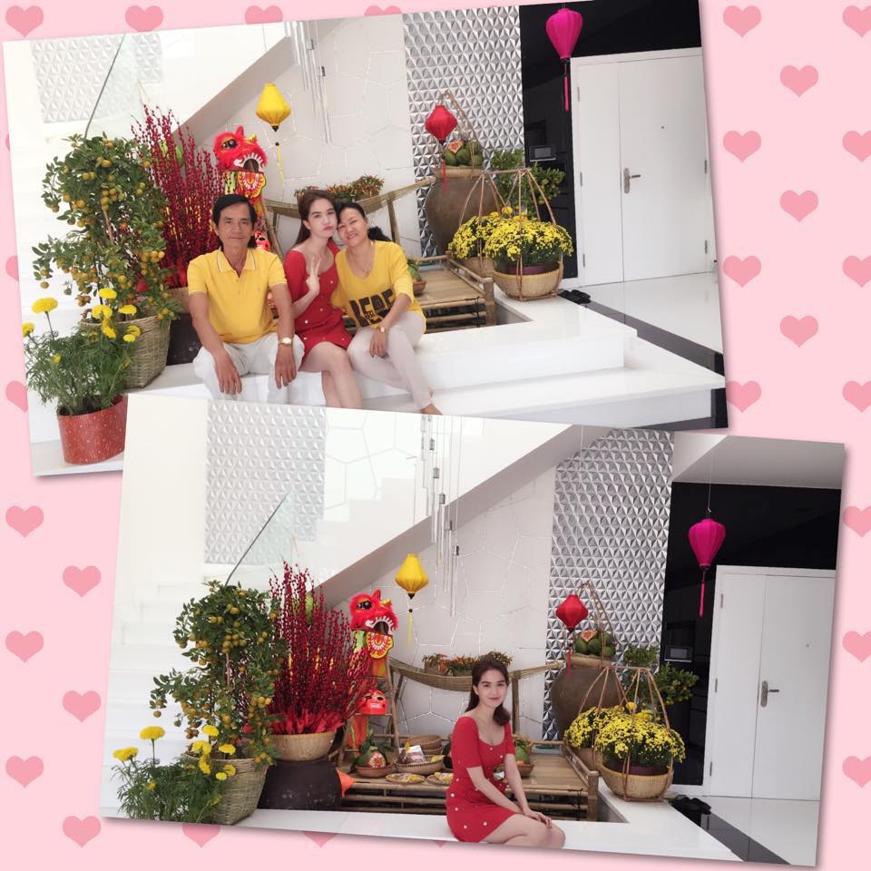 Ngọc Trinh khoe ảnh chụp cùng ba mẹ trong căn hộ triệu đô của cô tại Sài Gòn kèm dòng chú thích \'Mặc váy đỏ cho cả năm đỏ hihi\'.