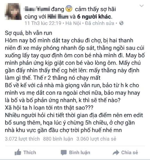 Sự thật thông tin bé gái bị bắt cóc khi ông dắt đi chợ ở Hà Nội