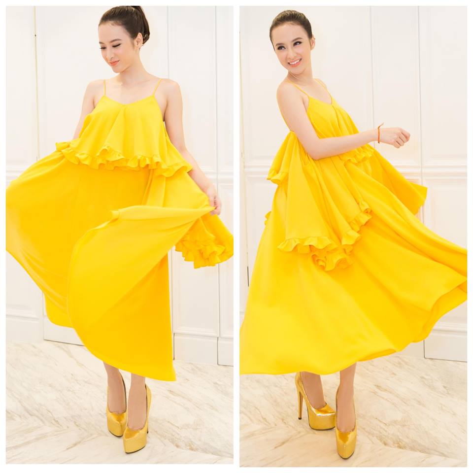 Angela Phương Trinh khoe đầm vàng siêu 'bóng bỏng' của nhà thiết kế Đỗ Mạnh Cường 'Sáng bừng'.