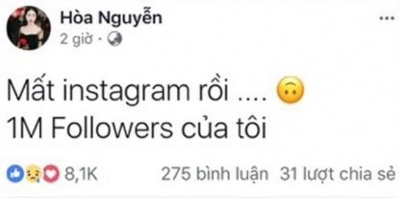 Là một trong những nghệ sĩ Việt có lượt tương tác với fan khá cao, cho nên dễ hiểu khi lượt theo dõi trên facebook và instagram của Hòa Minzy cao ngất ngưởng. Thế nhưng, vào đêm 30 tết, nữ ca sĩ bất ngờ chia sẻ đoạn trạng thái khá buồn khi thông báo mất tài khoản Instagram trên facebook cá nhân của mình. Nữ ca sĩ chia sẻ: 