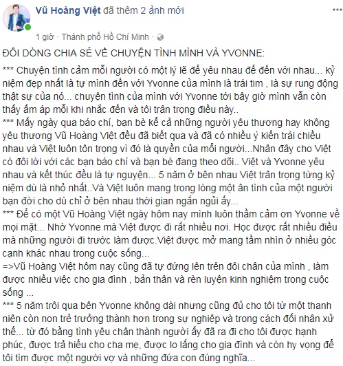 Vũ Hoàng Việt bất ngờ đăng tải đoạn trạng thái khá dài nhằm chia sẻ về chuyện tình cảm cũng như mối quan hệ hiện tại giữa anh với Yvonne Thúy Hoàng. Theo đó, cựu người mẫu cho biết, 