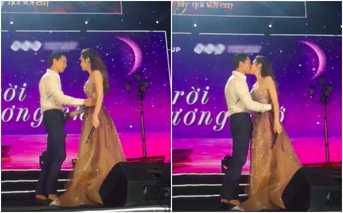 Hồ Ngọc Hà và Kim Lý công khai khóa môi trên sân khấu