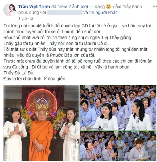 Việt Trinh tuyên bố không lấy chồng