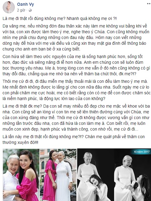 Cách đây ít giờ, Vy Oanh đã viết bức tâm thư khá dài vô cùng xúc động nhằm nói lời tiễn biệt mẹ về nơi thiên đường.