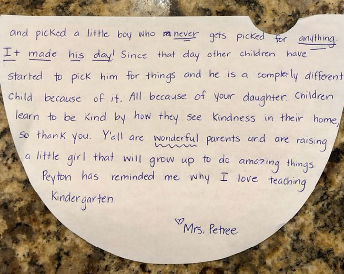 Bức thư cô giáo của Peyton gửi về cho bố mẹ em, trong thư là câu chuyện cô bé đã làm thay đổi cuộc sống của một cậu bé.