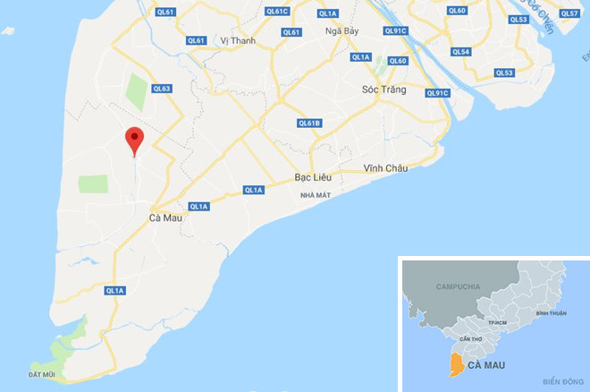 Huyện Thới Bình (chấm đỏ), nơi xảy ra vụ việc (ảnh: googlemap)