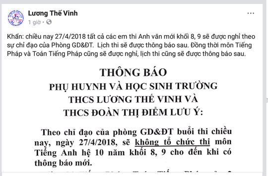 Thông báo trên Facebook của trường THCS Lương Thế Vinh về việc hoãn thi ngày 27/4
