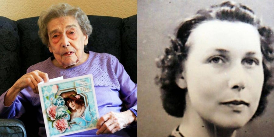 Cụ Dye, 106 tuổi ở Anh. Bên phải là hình ảnh thời trẻ của cụ
