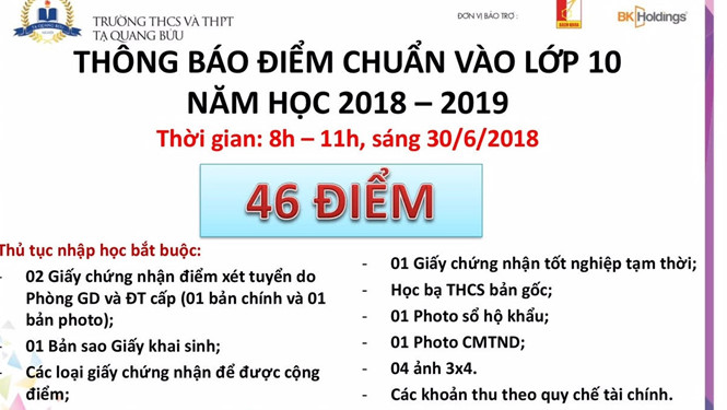Sáng 30/6, điểm chuẩn tại trường THCS&THPT Tạ Quang Bửu là 46 điểm...