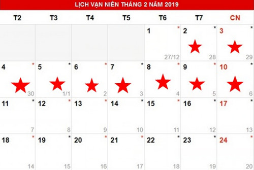 Lịch nghỉ Tết Âm lịch 2019