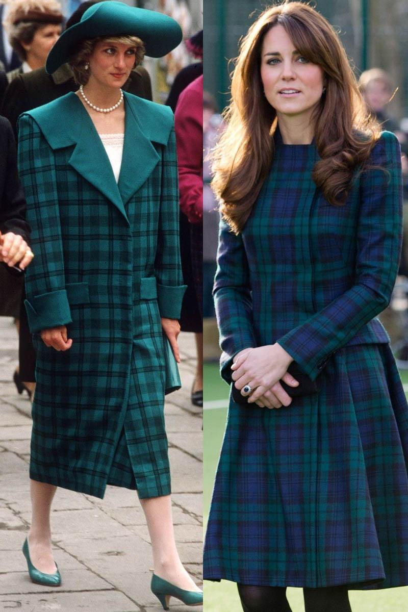Họa tiết kẻ như một đặc trưng của phong cách quý tộc của hoàng gia Anh. Chiếc áo của thương hiệu Emanuels được Diana chọn vào năm 1985 và chiếc áo Kate mặc đến từ thương hiệu Alexander McQueen năm 2012 có họa tiết kẻ tương tự.