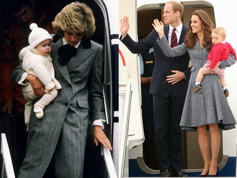 Công nương Diana bế hoàng tử Harry khi rời khỏi máy bay tại sân bay Aberdeen, Scotland năm 1985. Bà mặc một chiếc trench coat màu xám lông chuột. Kate Middleton cũng chọn màu sắc tương tự cho chiếc váy cô mặc khi chuẩn bị lên chuyến bay ở Úc để kết thúc Royal Tour năm 2014. 