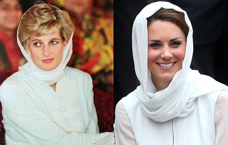 Khi Công nương Diana đến thăm bệnh viện Shaukat Khanum Memorial ở Pakistan vào năm 1996 và Kate đến thăm Nhà thờ Hồi giáo Assyakirin ở Malaysia vào năm 2012, cả hai đều chọn trang phục màu trắng kín đáo với khăn quấn đầu giống như những chiếc hijab của phụ nữ Hồi giáo. 