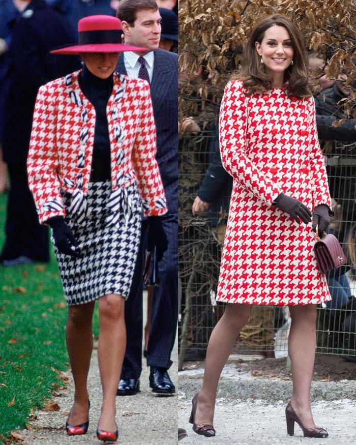 Diana nổi bật trong bộ đồ của Moschino năm 1990, đến năm 2018, Kate diện bộ đồ họa tiết và màu sắc tương tự của Catherine Walker trong chuyến thăm Thụy Điển.