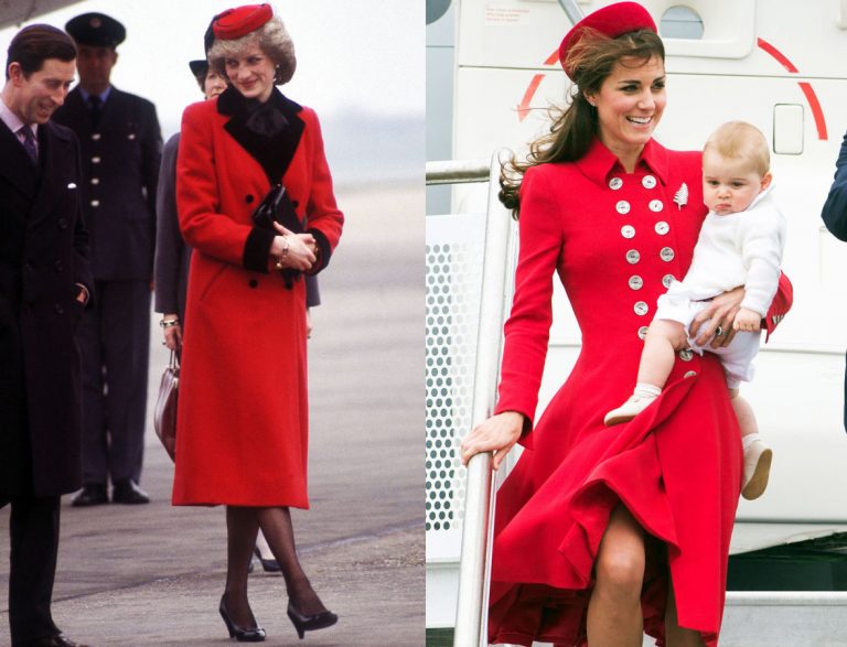 Năm 1984, Công nương Diana xuất hiện tại sân bay Birmingham trong chiếc trench coat màu đỏ của Catherine Walker. 30 năm sau, Công nương Kate cũng chọn váy đỏ và chiếc mũ tương tự khi đến sân bay Wellington ở New Zealand để bắt đầu Royal Tour năm 2014.