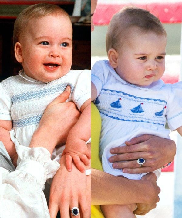 Nhiều người còn đoán rằng, có vẻ như gia đình hoàng gia rất thích thiết kế lại những bộ quần áo xưa kia Hoàng tử William từng mặc để cho cậu con trai cả của được tái hiện lại hình ảnh của bố. Trong 2 bức ảnh này còn có một sự trùng hợp đáng ngạc nhiên nữa là chính là chiếc nhẫn nổi tiếng của Công nương Diana được Công nương Kate đeo lại.