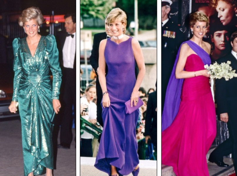 Lần lượt từ trái qua phải: Công nương diện thiết kế của nhà thiết kế ruột Walker trong một buổi ra mắt phim năm 1990. Thay vì chọn thiết kế trong nước, năm 1996, công nương nước lại chọn Versace. Trong một buổi ra mắt phim năm 1989, công nương Diana khiến đám đông khán giả ngạc nhiên với thiết kế váy sặc sỡ.    