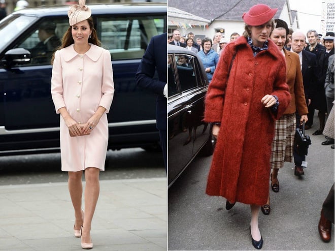 Tương tự với áo khoác, công nương Kate cũng luôn chọn những mẫu áo khoác lửng ngang đầu gối có form dáng thon gọn, còn công nương Diana lại chọn những mẫu áo to form dáng rộng rãi để che bụng bầu.    