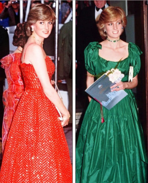 Bên trái là hình ảnh công nương diện chiếc váy voan lấp lánh được thiết kế bởi Bellville Sassoon vào năm 1982. Còn bên phải là hình ảnh chiếc váy màu xanh ngọc lục bảo của Graham Wren được công nương diện tại gala Swansea năm 1981    