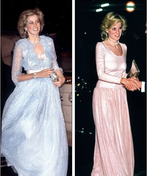 Bên trái là hình cảnh chiếc váy sequin bồng bềnh nhẹ nhàng còn bên trái là bộ váy lụa satin được lấy cảm hứng từ môn ballet được công nương Diana diện năm 1981.    