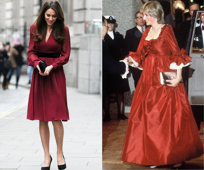 Cùng là mẫu đầm đỏ đi dự tiệc, nhưng công nương Kate trung thành với trang phục đơn giản, chiết eo gọn gàng tôn dáng; còn công nương Diana chọn mẫu váy xòe bồng bềnh, có phần đồ sộ, trang trọng hơn nhiều.    