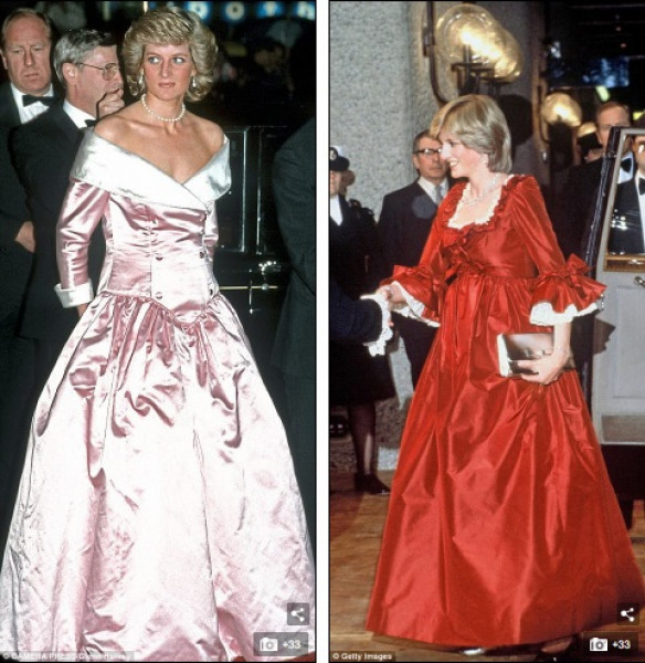 Bên trái: Thiết kế của Catherine Walker một lần nữa được công nương tin dùng tại buổi trình diễn ballet Hoàng gia năm 1987. Bên phải: Công nương vô cùng lãng mạn với thiết kế của Bellville Sassoon vào năm 1982.    