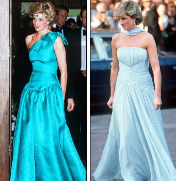 Bên trái là bộ trang phục của Emanuels được công nương Diana diện năm 1982 tại Úc. Còn bên phải là bộ váy thướt tha của nhà thiết kế Catherine Walker mà công nương diện trên thảm đỏ Liên hoan phim Cannes năm 1987.    