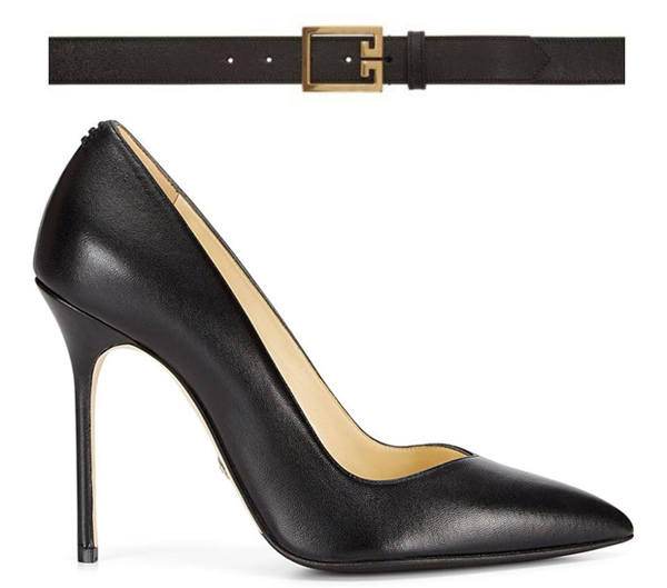Vợ Hoàng tử Harry sử dụng phụ kiện đồng màu đen, bao gồm thắt lưng Givenchy 336 bảng (hơn 10 triệu đồng) và giày cao gót Sarah Flint 264 bảng (8 triệu đồng).    