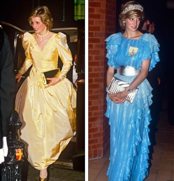 Trong cả hai thiết kế trên, một là chiếc váy lụa tơ tằm của Murray Arbeid (trái), hai là chiếc váy màu xanh của Bruce Oldfield, công nương Diana toát ra hào quang rực rỡ.    