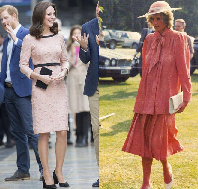 Trong khi Công nương Kate chọn trang phục chiết eo để khiến cơ thể thon gọn, che bụng bầu, thì công nương Diana lại chọn những mẫu váy che eo rộng rãi.    