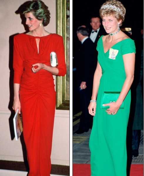 Trong cả hai thiết kế trên, một là chiếc váy lụa tơ tằm của Murray Arbeid (trái), hai là chiếc váy màu xanh của Bruce Oldfield, công nương Diana toát ra hào quang rực rỡ.    