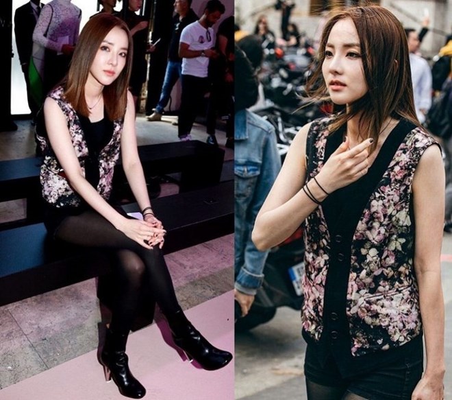 Sandara Park (Dara) gây chú ý với gương mặt xinh đẹp như mới 20 và đặc biệt là set đồ đen sành điệu hoàn hảo khi nhấn nhá bằng chiếc áo gilet hoa.  